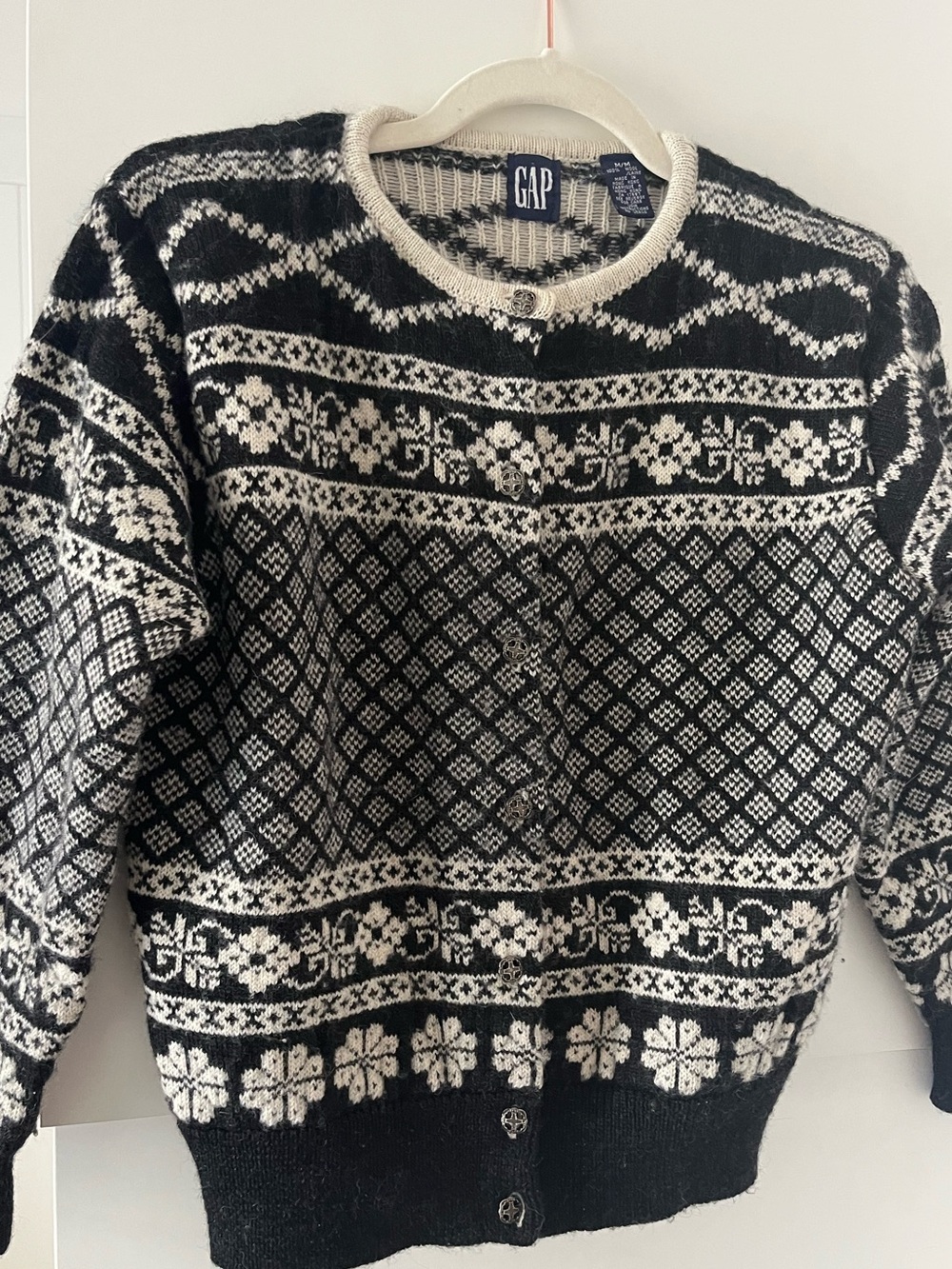 100% Wool Black & White Fair Isle Cardigan Sweater